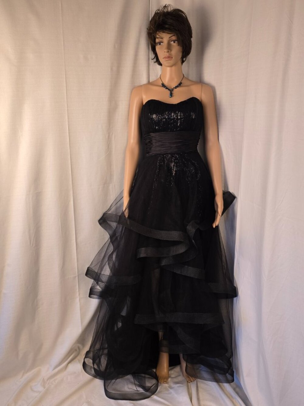 Sherri Hill Strapless Black Floorlength Tulle Ruffle Dress with Wrap Waist